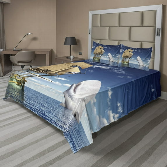 Ambesonne Whale Fitted & Top Sheet Set with Shams, Pirate Ship and Mammal Fish, White and Blue