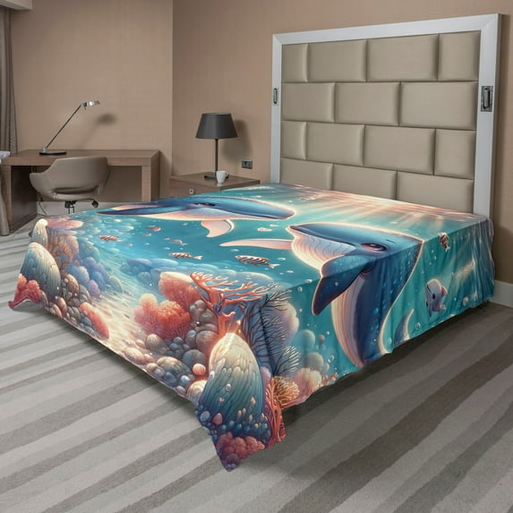 Ambesonne Whale Flat Sheet, Aqua Art Deep Ocean Cartoon, California King, Sea Blue and Coral