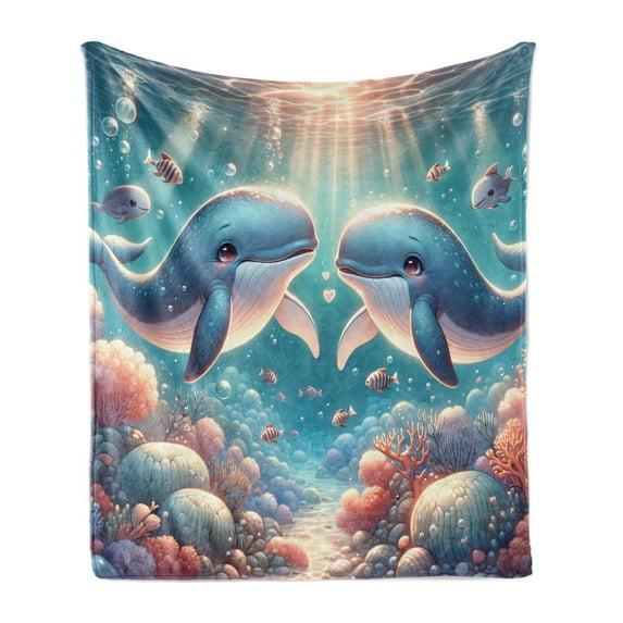 Ambesonne Whale Fleece Throw Blanket Aqua Art Deep Ocean Cartoon 50"x60" Sea Blue and Coral