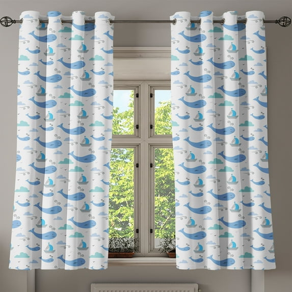 Ambesonne Whale Grommet Curtain, Marine Life Themed Design, 50" x 54", Pale Grey White and Blue