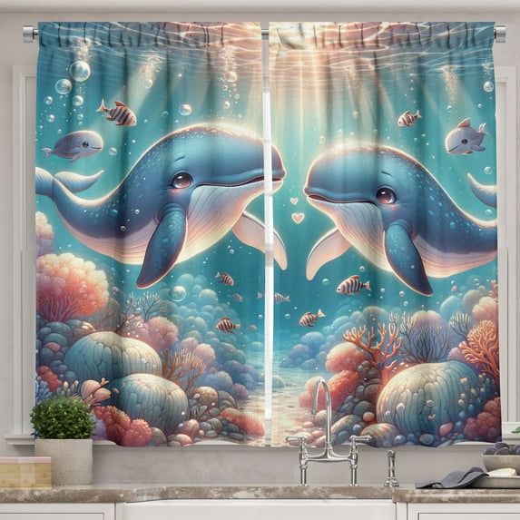 Ambesonne Whale Kitchen Curtains, Aqua Art Deep Ocean Cartoon, 55"x24", Sea Blue and Coral