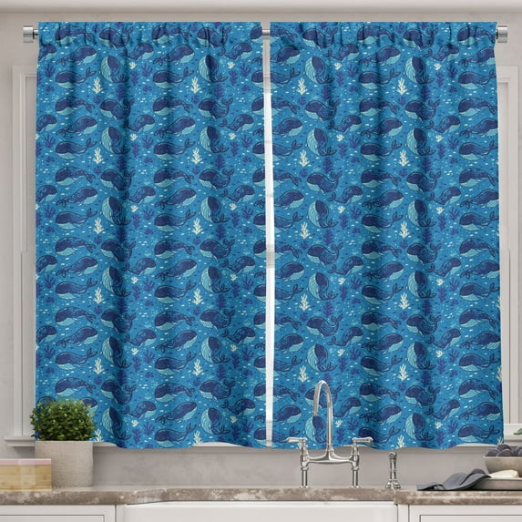 Ambesonne Whale Kitchen Curtains, Aquatic Themed Design, 55"x45", Navy Blue Dark Blue