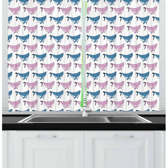 Ambesonne Whale Kitchen Curtains, Swimming Happy Fish Sea, 55"x45", Blue Lilac and White