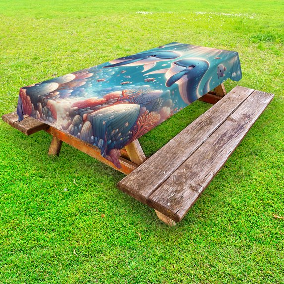 Ambesonne Whale Outdoor Tablecloth, Aqua Art Deep Ocean Cartoon, 58"x104", Sea Blue and Coral