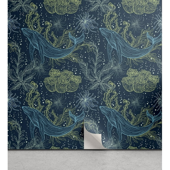 Ambesonne Whale Peel & Stick Wallpaper for Home, Marine Fauna and Flora, 13"x36", Indigo Sea Green Blue