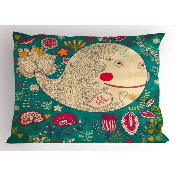 Ambesonne Whale Pillow Sham, Happy Sea Giant Blooms, 26" X 20", Multicolor