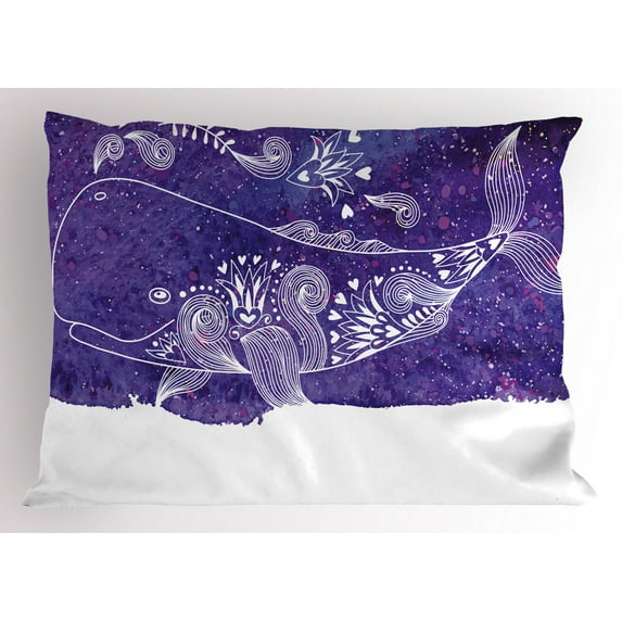 Ambesonne Whale Pillow Sham, Watercolor Fish Floral, 26" X 20", Purple White