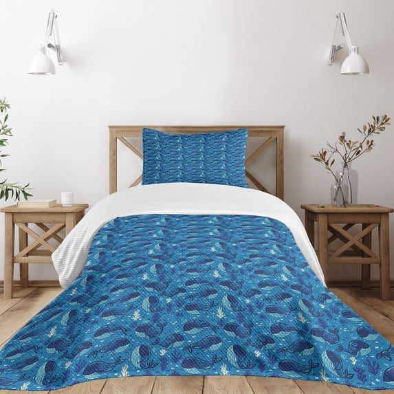 Ambesonne Whale Quilted Bedspread Set 2 Pcs, Aquatic Themed Design, Twin Size, Navy Blue Dark Blue