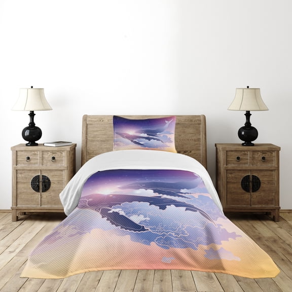 Ambesonne Whale Quilted Bedspread Set 2 Pcs, Dreamy Night with Clouds, Twin Size, Peach Lilac Dark Blue
