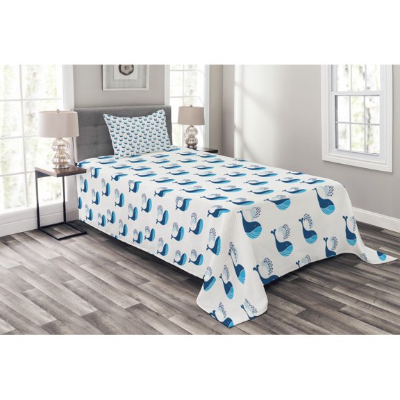 Ambesonne Whale Quilted Bedspread Set 2 Pcs, Fish Swimming Ocean, Twin Size, Dark Sky Blue