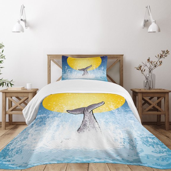 Ambesonne Whale Quilted Bedspread Set 2 Pcs, Fish Tail Ocean Full Moon, Twin Size, Yellow Grey Blue