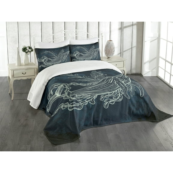 Ambesonne Whale Quilted Bedspread Set 3 Pcs, Doodle Coral Reef Seaweed, King Size, Slate and Petrol Blue