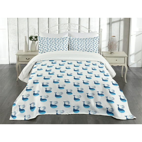 Ambesonne Whale Quilted Bedspread Set 3 Pcs, Fish Swimming Ocean, King Size, Dark Sky Blue