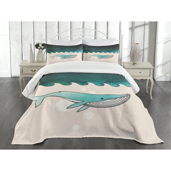 Ambesonne Whale Quilted Bedspread Set 3 Pcs, Fish Swimming Submarine, Queen Size, Petrol Blue Turquoise