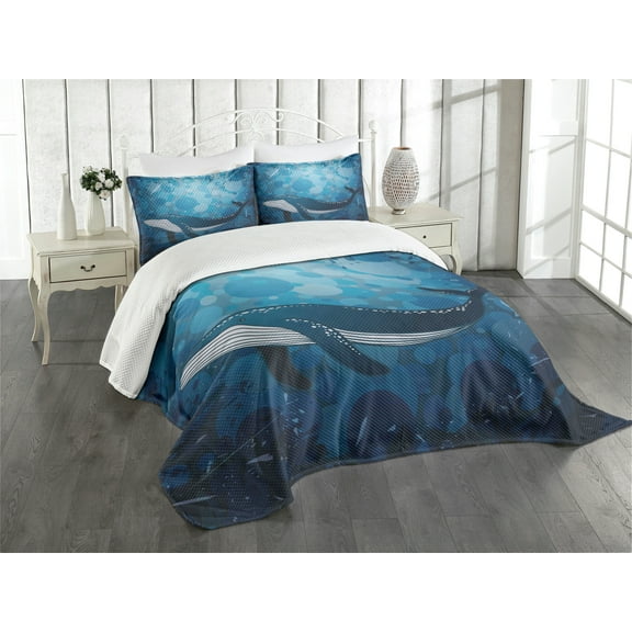 Ambesonne Whale Quilted Bedspread Set 3 Pcs, Marine Motif Ocean Retro, King Size, Petrol and Violet Blue