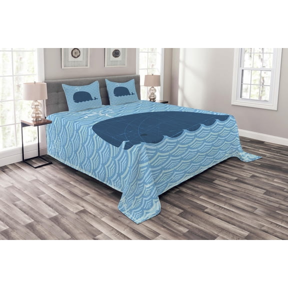 Ambesonne Whale Quilted Bedspread Set 3 Pcs, Sea Animal Wavy Patterns, King Size, Blue