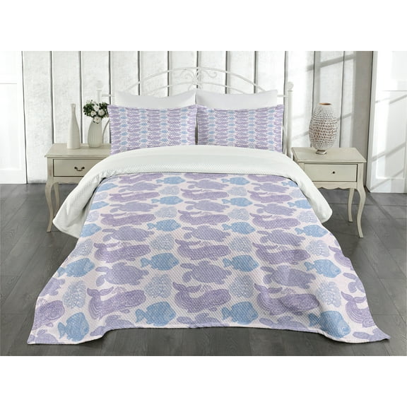 Ambesonne Whale Quilted Bedspread Set 3 Pcs, Sea Life Paisley Illustration, Queen Size, Pale Pink Purple Blue