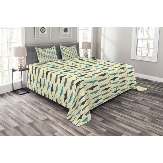 Ambesonne Whale Quilted Bedspread Set 3 Pcs, Swimming Mammals Yellow, Queen Size, Multicolor