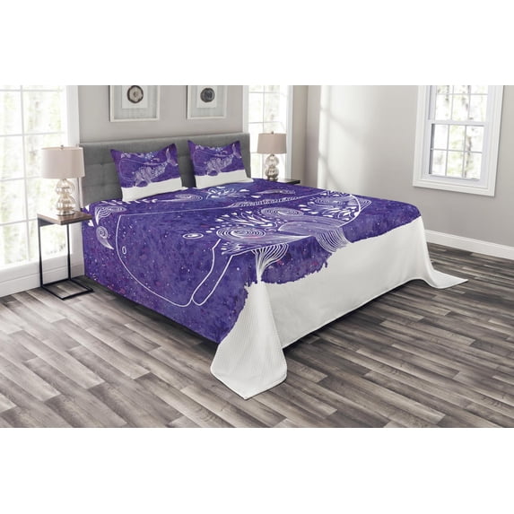 Ambesonne Whale Quilted Bedspread Set 3 Pcs, Watercolor Fish Floral, King Size, Purple White