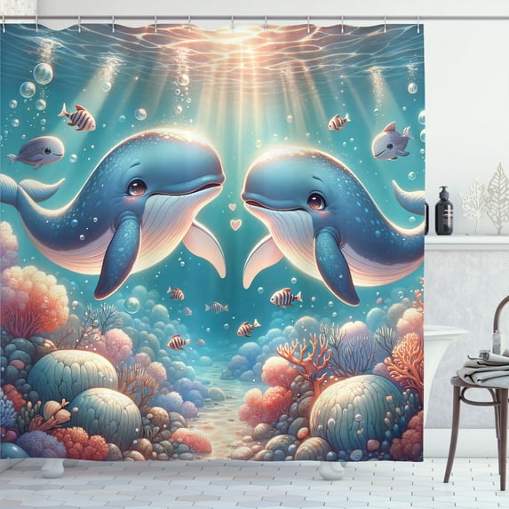 Ambesonne Whale Shower Curtain, Aqua Art Deep Ocean Cartoon, 69"Wx70"L, Sea Blue and Coral