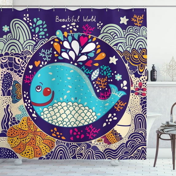 Ambesonne Whale Shower Curtain, Bubble Waves Starfish, 69"Wx70"L, Purple Aqua