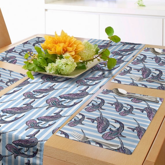 Ambesonne Whale Table Runner & Placemats, Giant Marine Mammals, Placemat 4 pcs + Runner 12"x72", Pale Blue White Lilac