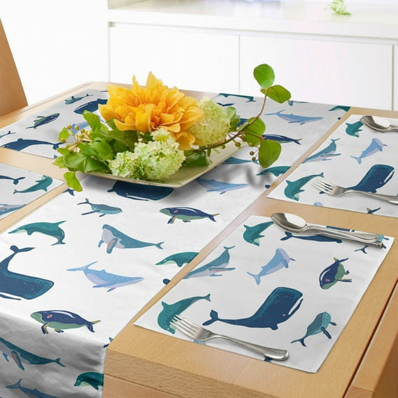 Ambesonne Whale Table Runner & Placemats, Swimming Marine Animals, Placemat 4 pcs + Runner 12"x90", Teal Dark Blue White