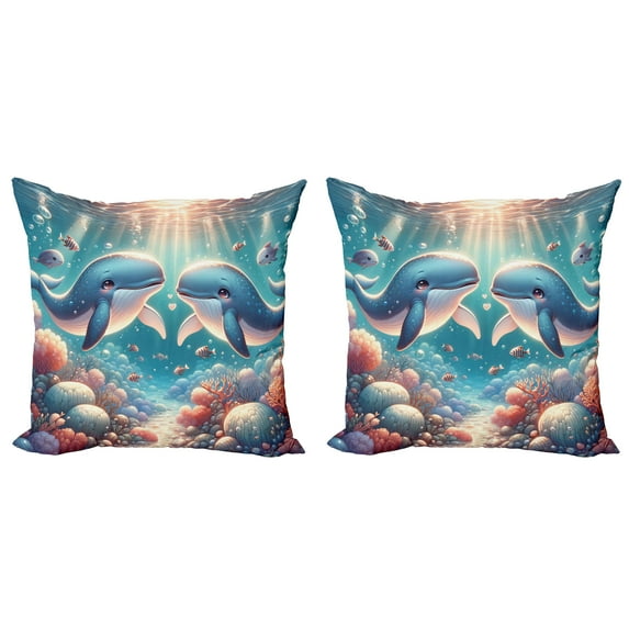 Ambesonne Whale Throw Pillow Cover 2 Pack, Aqua Art Deep Ocean Cartoon, 24", Sea Blue and Coral