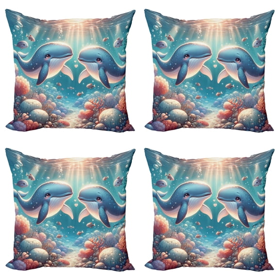 Ambesonne Whale Throw Pillow Cover 4 Pack, Aqua Art Deep Ocean Cartoon, 18", Sea Blue and Coral