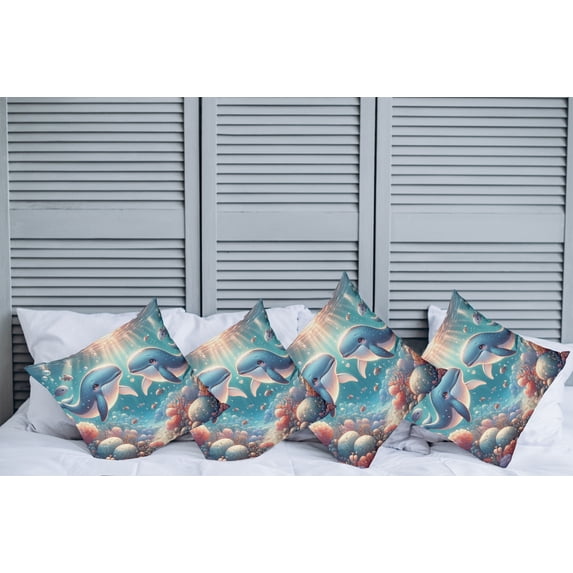 Ambesonne Whale Throw Pillow Cover Pack of 4, Aqua Art Deep Ocean Cartoon, 4 Pcs-18" x 18", Sea Blue and Coral