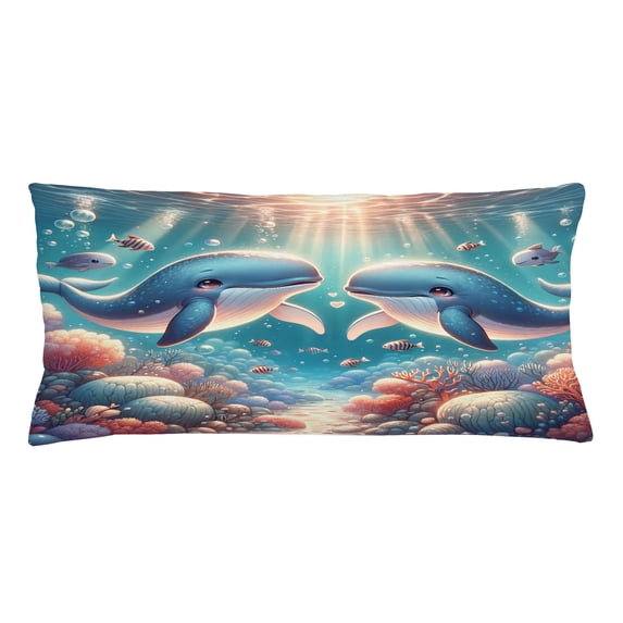 Ambesonne Whale Throw Pillow Cushion Cover, Aqua Art Deep Ocean Cartoon, 36" X 16", Sea Blue and Coral