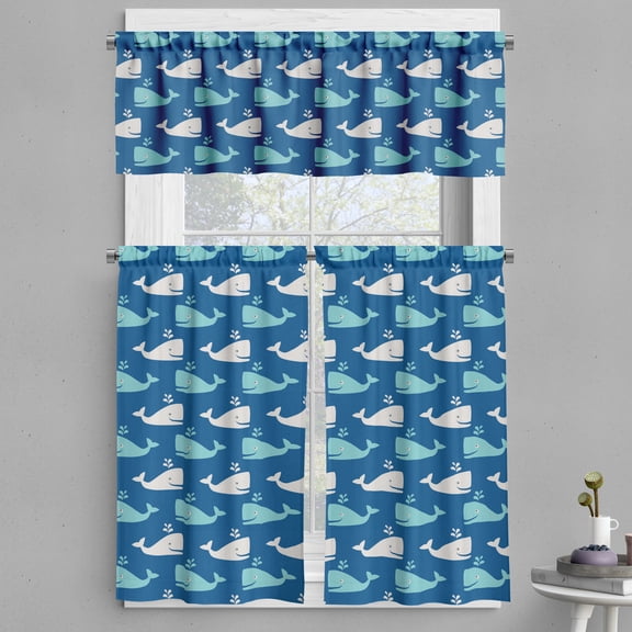 Ambesonne Whale Valance & Curtain, Bicolor Ocean Animals, 55"x36", Navy Blue Aqua Beige