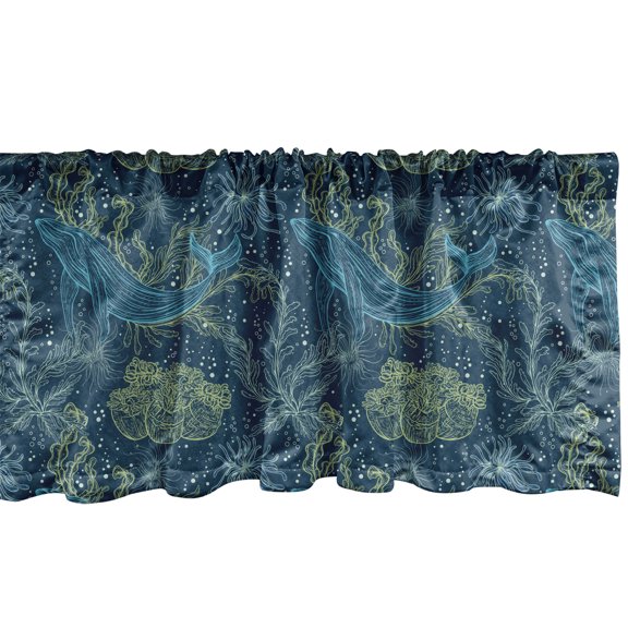Ambesonne Whale Window Valance, Hand Drawn Marine Fauna and Flora Sketch Abstract Seaweeds and Whales, Curtain Valance for Kitchen Bedroom Decor with Rod Pocket, 54" X 12", Indigo Sea Green Blue