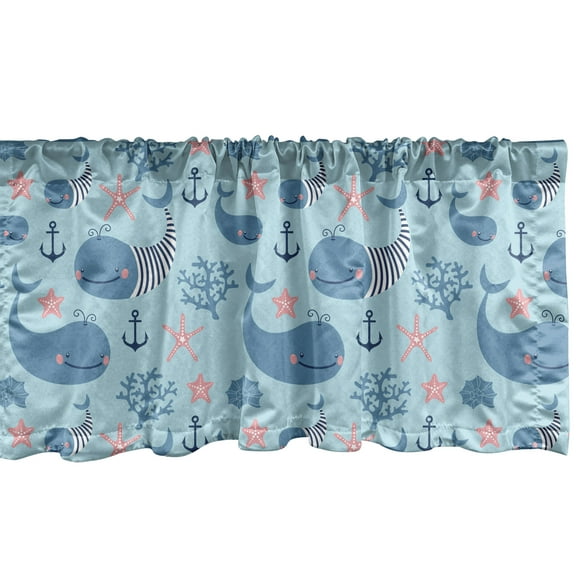 Ambesonne Whale Window Valance, Happy Underwater Life, 54" X 12", Pale Blue Navy Blue