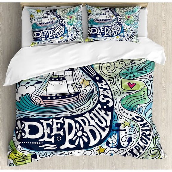 Ambesonne Whale on Wavy Ocean Design Swimming to an Island with Palm Trees Duvet Cover Set