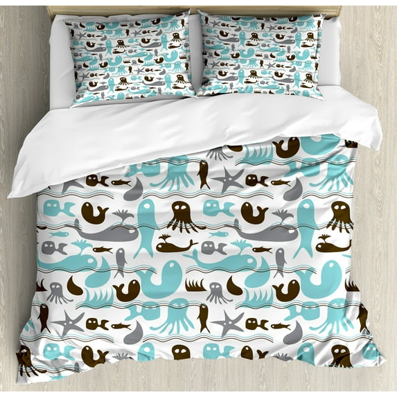 Ambesonne Whales Duvet Cover Sets, Jellyfish Whale Underwater, 2-Queen, Seafoam and Dark Cocoa