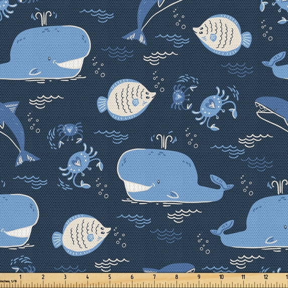 Ambesonne Whales Fabric by the Yard Upholstery, Crabs Waves Flock of Fish, 1 Yard, Dark Slate Blue Eggshell