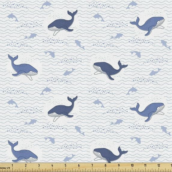 Ambesonne Whales Fabric by the Yard Upholstery, Fish Big Mammal Wave Graphic, 3 Yards, White and Dark Ceil Blue