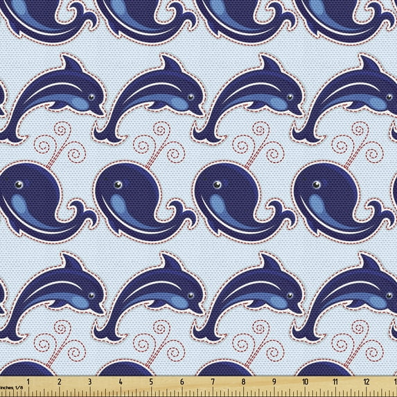 Ambesonne Whales Fabric by the Yard Upholstery, Fun Loving Animals Cartoon, 10 Yards, Indigo Pale Blue