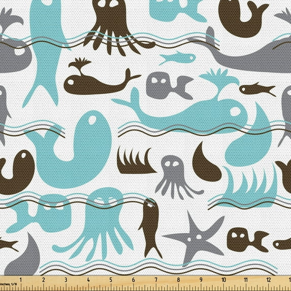 Ambesonne Whales Fabric by the Yard Upholstery, Jellyfish Whale Underwater, 3 Yards, Seafoam and Dark Cocoa