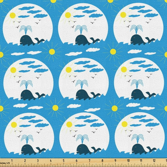 Ambesonne Whales Fabric by the Yard Upholstery, Sunrays Waves Clouds Circles, 3 Yards, Sky Blue Yellow White