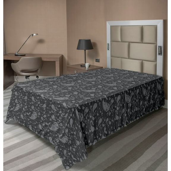 Ambesonne Whales Flat Bedding Sheet Soft Top Sheet, Nautical Mammal Animal Print, Twin, Dark Grey Dimgray