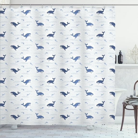 Ambesonne Whales Shower Curtain, Fish Big Mammal Wave Graphic, 69"Wx84"L, White and Dark Ceil Blue