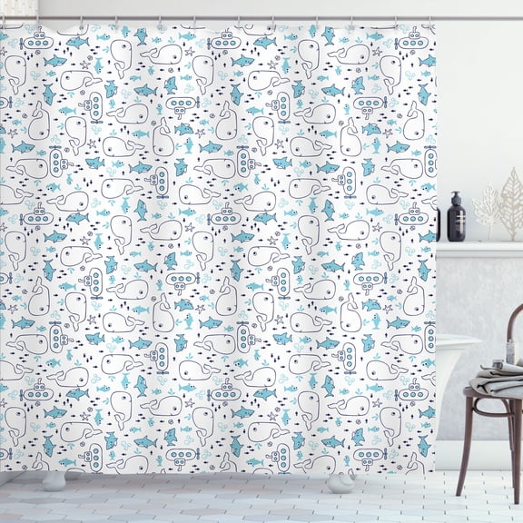 Ambesonne Whales Shower Curtain, Sharks Tiny Fish Submarines, 69"Wx75"L, Indigo White Sea Blue