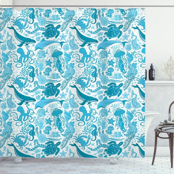 Ambesonne Whales Shower Curtain, Underwater Aquatic Creature, 69"Wx84"L, Sea Blue Sky Blue