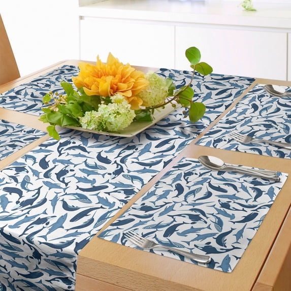Ambesonne Whales Table Runner & Placemats, Sharks Narwhal Mammal Fish, Placemat 4 pcs + Runner 12"x90", White and Night Blue