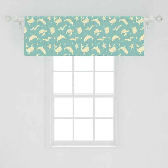 Ambesonne Whales Window Valance, Childish Pastel Toned Pattern of Dolphin Turtle Starfish Stingray Eel, Curtain Valance for Kitchen Bedroom Decor with Rod Pocket, 54" X 18", Seafoam and Pale Yellow