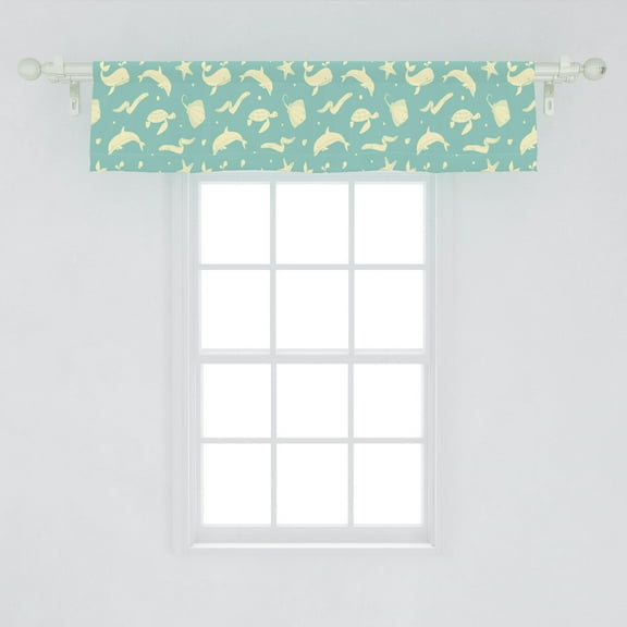 Ambesonne Whales Window Valance, Childish Pastel Toned Pattern of Dolphin Turtle Starfish Stingray Eel, Curtain Valance for Kitchen Bedroom Decor with Rod Pocket, 54" X 12", Seafoam and Pale Yellow