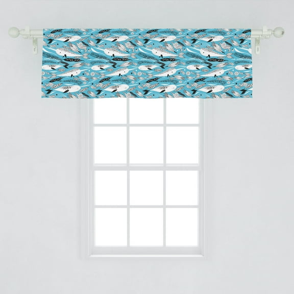 Ambesonne Whales Window Valance, Swimming Unicorn Whales Algae Motifs Sketch on Pastel Backdrop Pattern, Curtain Valance for Kitchen Bedroom Decor with Rod Pocket, 54" X 18", Deep Sky Blue and White