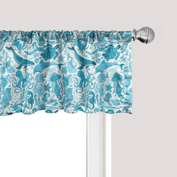 Ambesonne Whales Window Valance, Underwater Life Aquatic Creatures Algae Ocean Fauna Seahorse Octopus Print, Curtain Valance for Kitchen Bedroom Decor with Rod Pocket, 54" X 12", Sea Blue Sky Blue